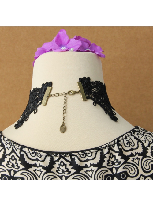 Gothic Fashion Handmade Retro Black Lace Flowers Gems All-Match Necklace