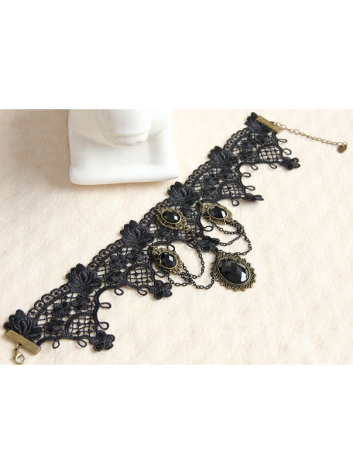 Gothic Fashion Handmade Retro Black Lace Flowers Gems All-Match Necklace