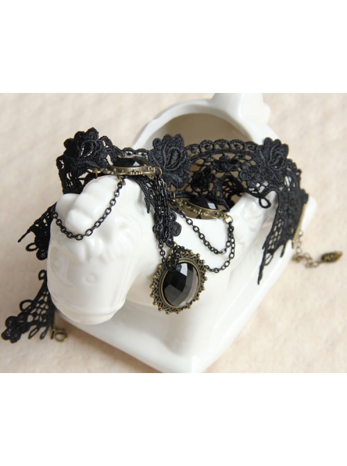 Gothic Fashion Handmade Retro Black Lace Flowers Gems All-Match Necklace