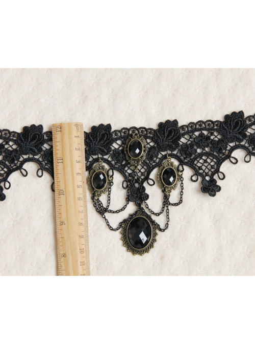 Gothic Fashion Handmade Retro Black Lace Flowers Gems All-Match Necklace