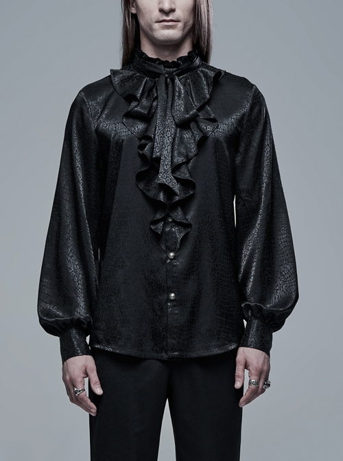 High Collar Front Chest Flounce Retro Metal Button Lantern Sleeve Black Gothic Jacquard Shirt