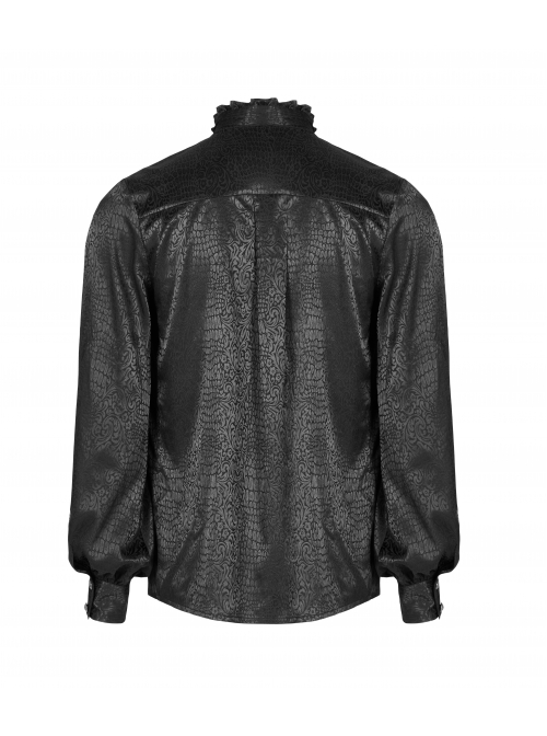 High Collar Front Chest Flounce Retro Metal Button Lantern Sleeve Black Gothic Jacquard Shirt