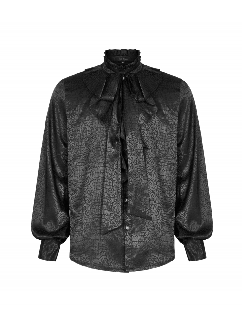 High Collar Front Chest Flounce Retro Metal Button Lantern Sleeve Black Gothic Jacquard Shirt
