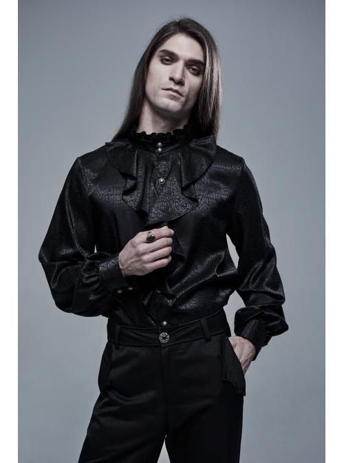 High Collar Front Chest Flounce Retro Metal Button Lantern Sleeve Black Gothic Jacquard Shirt