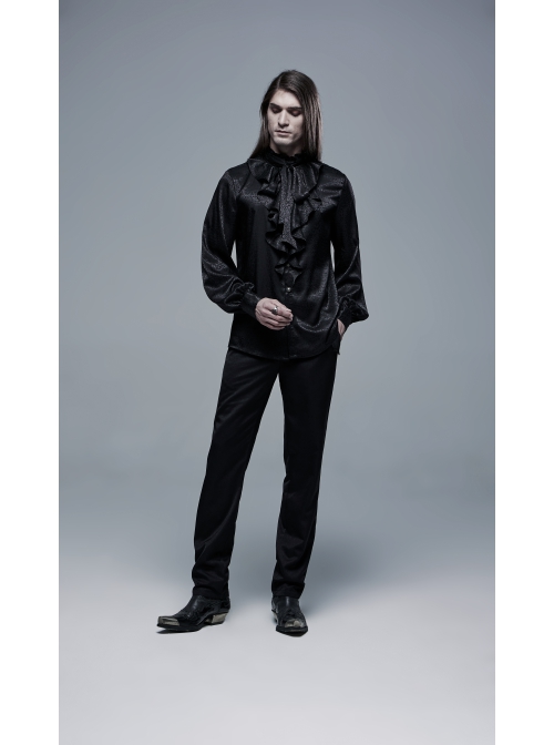High Collar Front Chest Flounce Retro Metal Button Lantern Sleeve Black Gothic Jacquard Shirt
