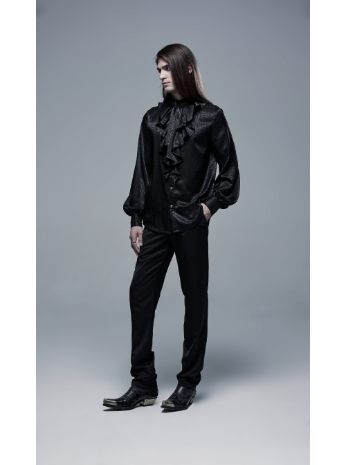 High Collar Front Chest Flounce Retro Metal Button Lantern Sleeve Black Gothic Jacquard Shirt