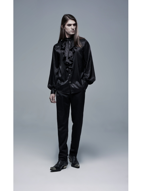 High Collar Front Chest Flounce Retro Metal Button Lantern Sleeve Black Gothic Jacquard Shirt