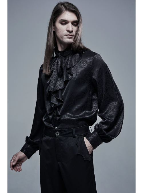 High Collar Front Chest Flounce Retro Metal Button Lantern Sleeve Black Gothic Jacquard Shirt