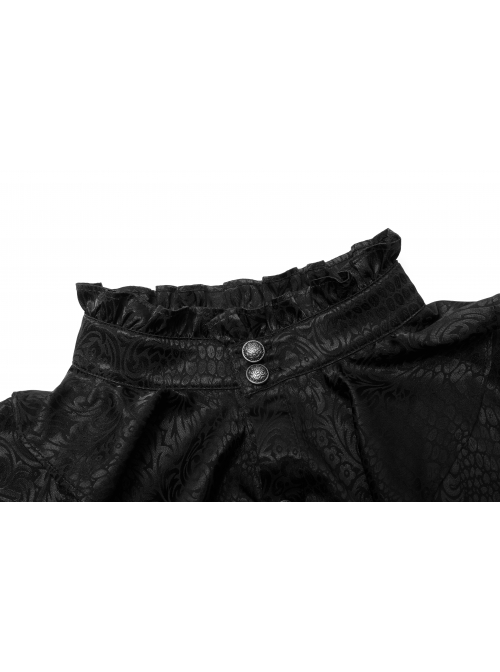 High Collar Front Chest Flounce Retro Metal Button Lantern Sleeve Black Gothic Jacquard Shirt