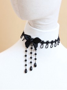 Baroque Retro Lolita Bow Black Lace Tassel Pearl Fashion Choker