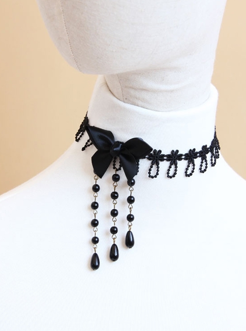 Baroque Retro Lolita Bow Black Lace Tassel Pearl Fashion Choker