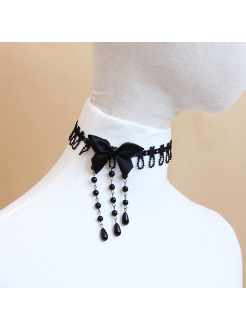 Baroque Retro Lolita Bow Black Lace Tassel Pearl Fashion Choker