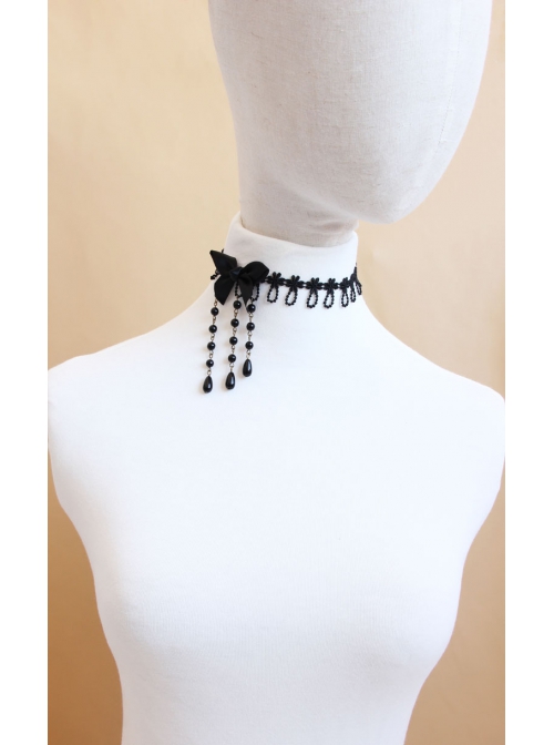 Baroque Retro Lolita Bow Black Lace Tassel Pearl Fashion Choker