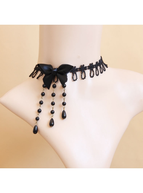 Baroque Retro Lolita Bow Black Lace Tassel Pearl Fashion Choker