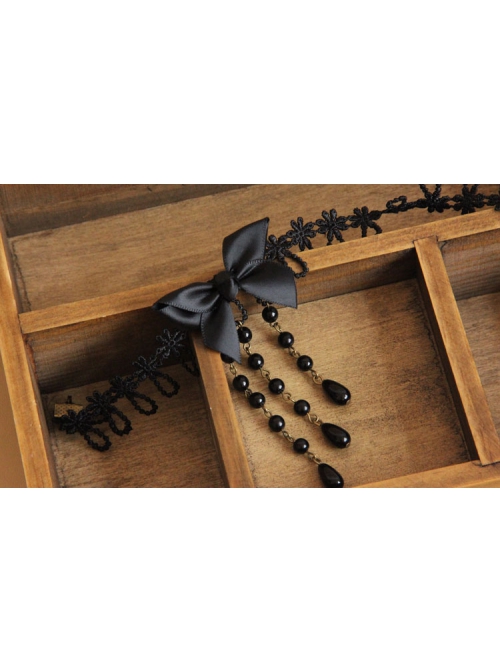 Baroque Retro Lolita Bow Black Lace Tassel Pearl Fashion Choker