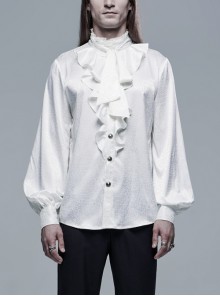 High Collar Front Chest Flounce Retro Metal Button Lantern Sleeve White Gothic Jacquard Shirt