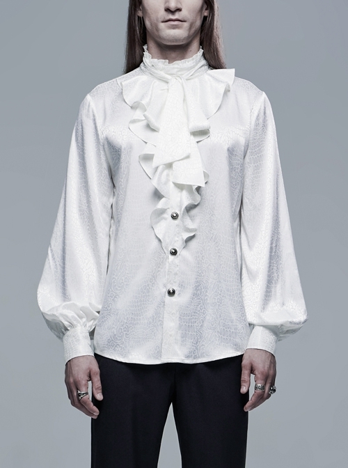 High Collar Front Chest Flounce Retro Metal Button Lantern Sleeve White Gothic Jacquard Shirt