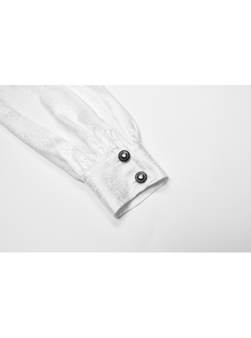 High Collar Front Chest Flounce Retro Metal Button Lantern Sleeve White Gothic Jacquard Shirt