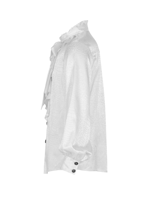 High Collar Front Chest Flounce Retro Metal Button Lantern Sleeve White Gothic Jacquard Shirt