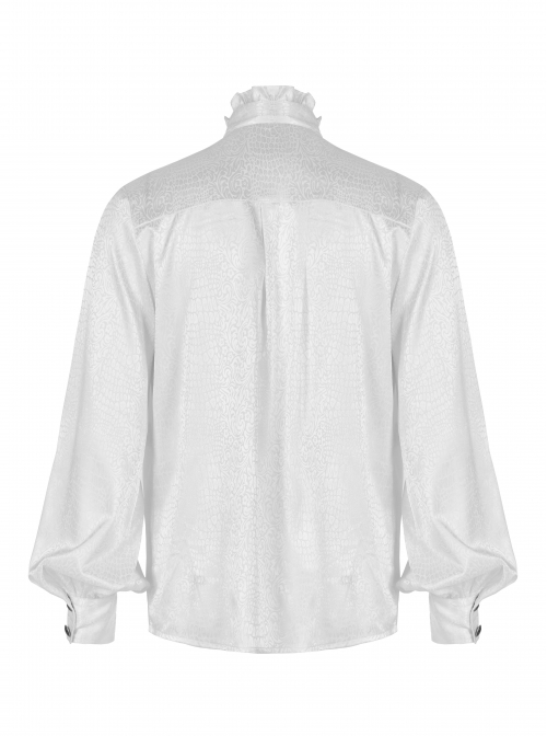 High Collar Front Chest Flounce Retro Metal Button Lantern Sleeve White Gothic Jacquard Shirt