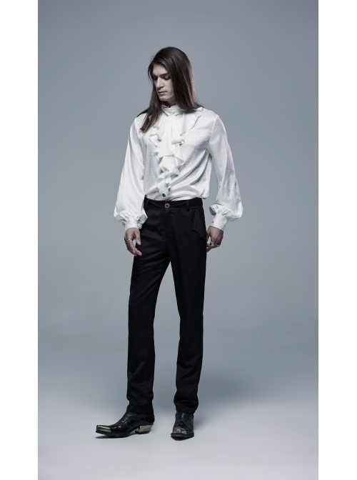 High Collar Front Chest Flounce Retro Metal Button Lantern Sleeve White Gothic Jacquard Shirt