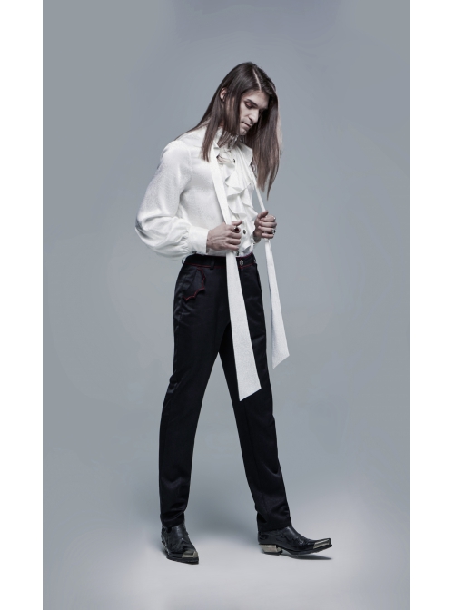 High Collar Front Chest Flounce Retro Metal Button Lantern Sleeve White Gothic Jacquard Shirt