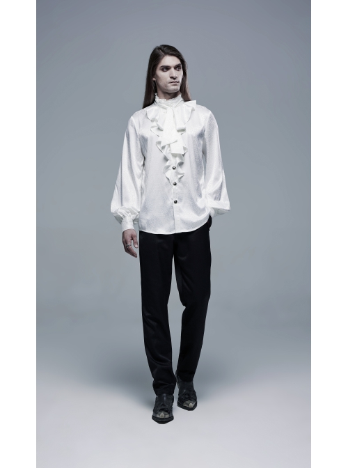 High Collar Front Chest Flounce Retro Metal Button Lantern Sleeve White Gothic Jacquard Shirt