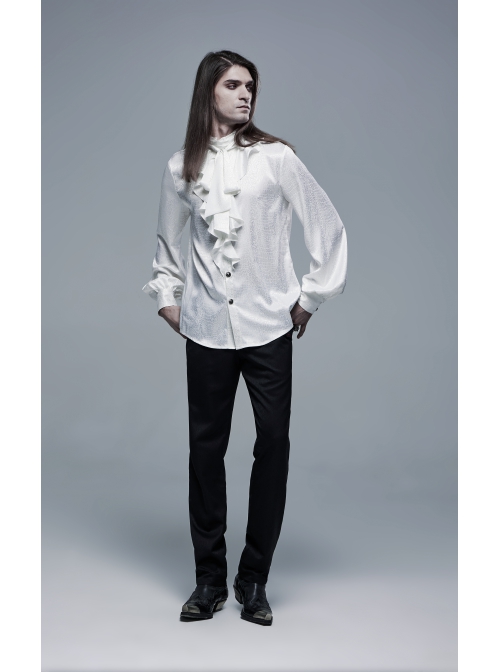 High Collar Front Chest Flounce Retro Metal Button Lantern Sleeve White Gothic Jacquard Shirt