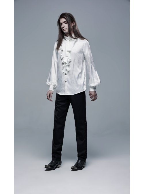 High Collar Front Chest Flounce Retro Metal Button Lantern Sleeve White Gothic Jacquard Shirt