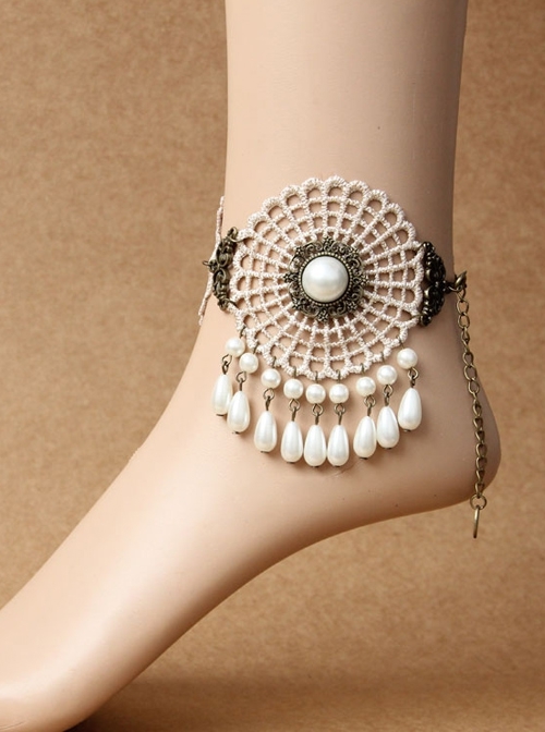 Fashion Retro Baroque Handmade White Lace Pearl Lolita All-match Anklet