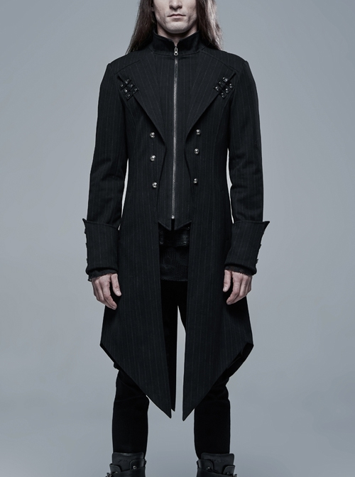 Stand-Up Collar Front Metal Button Black Punk Striped Long Jacket