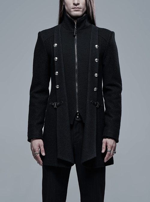 Stand-Up Collar Front Metal Button Waist Button Loop Decoration Black Punk Woolen Jacket