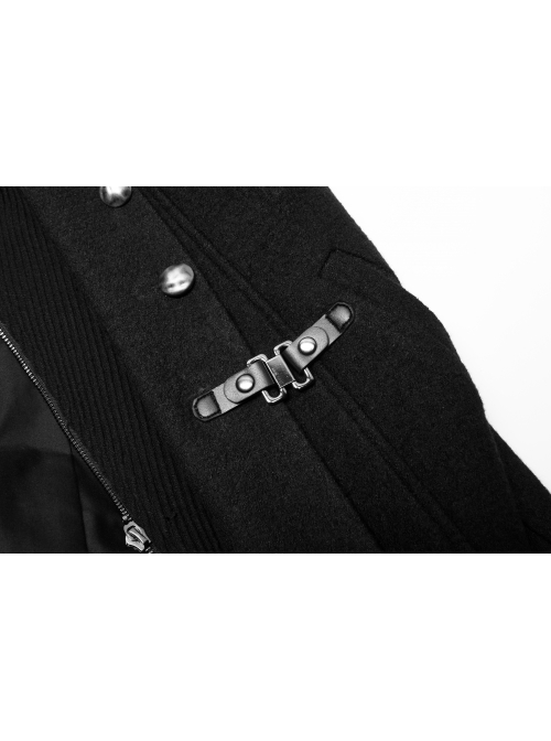 Stand-Up Collar Front Metal Button Waist Button Loop Decoration Black Punk Woolen Jacket