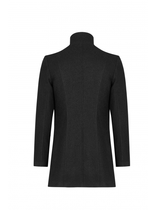 Stand-Up Collar Front Metal Button Waist Button Loop Decoration Black Punk Woolen Jacket