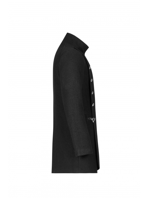 Stand-Up Collar Front Metal Button Waist Button Loop Decoration Black Punk Woolen Jacket