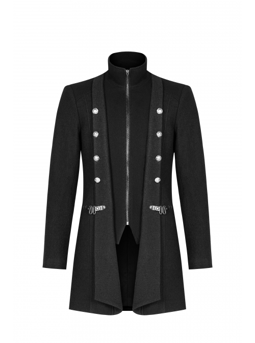 Stand-Up Collar Front Metal Button Waist Button Loop Decoration Black Punk Woolen Jacket