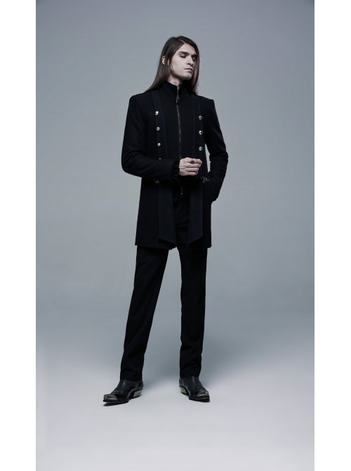 Stand-Up Collar Front Metal Button Waist Button Loop Decoration Black Punk Woolen Jacket