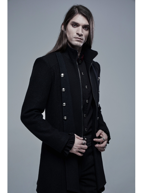 Stand-Up Collar Front Metal Button Waist Button Loop Decoration Black Punk Woolen Jacket