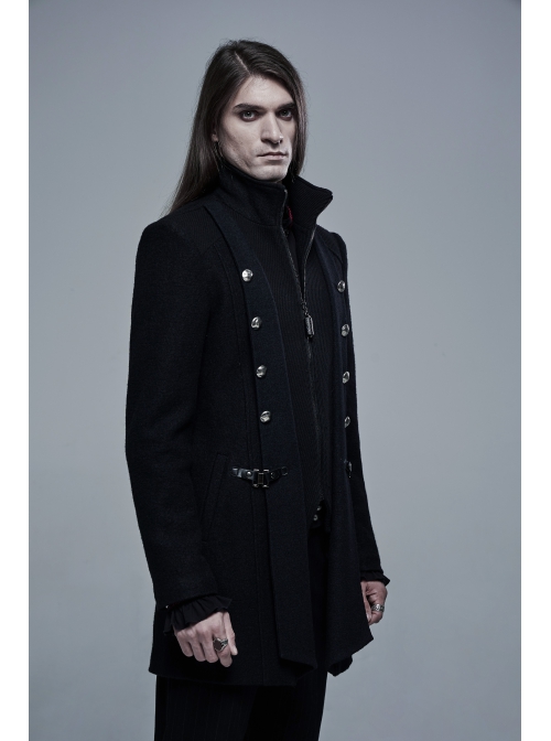 Stand-Up Collar Front Metal Button Waist Button Loop Decoration Black Punk Woolen Jacket