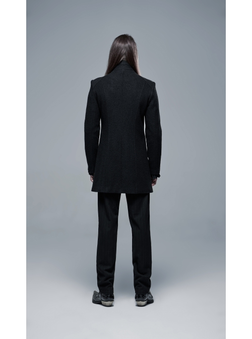 Stand-Up Collar Front Metal Button Waist Button Loop Decoration Black Punk Woolen Jacket