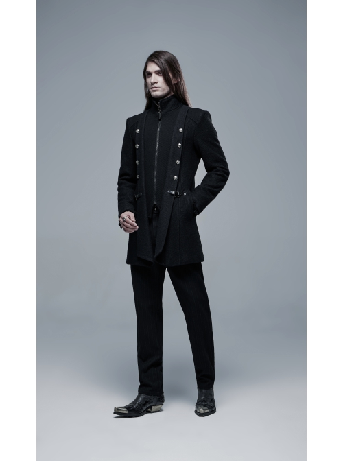 Stand-Up Collar Front Metal Button Waist Button Loop Decoration Black Punk Woolen Jacket