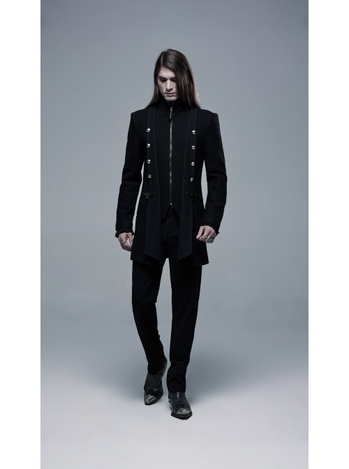 Stand-Up Collar Front Metal Button Waist Button Loop Decoration Black Punk Woolen Jacket