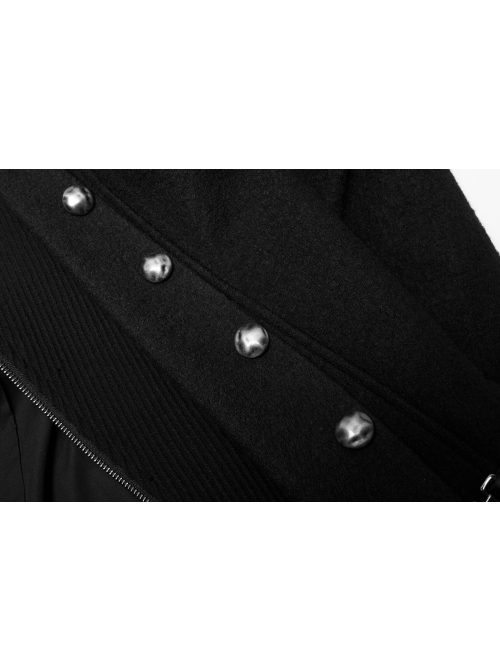 Stand-Up Collar Front Metal Button Waist Button Loop Decoration Black Punk Woolen Jacket