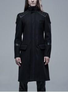 Stand-Up Collar Shoulder Leather Strap Decoration Black Punk Woolen Jacket