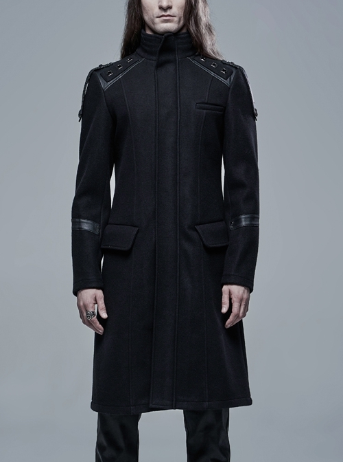 Stand-Up Collar Shoulder Leather Strap Decoration Black Punk Woolen Jacket