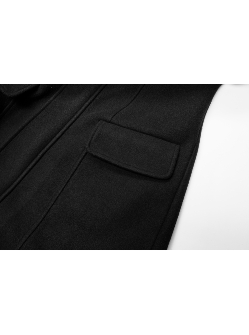 Stand-Up Collar Shoulder Leather Strap Decoration Black Punk Woolen Jacket