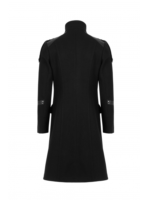 Stand-Up Collar Shoulder Leather Strap Decoration Black Punk Woolen Jacket
