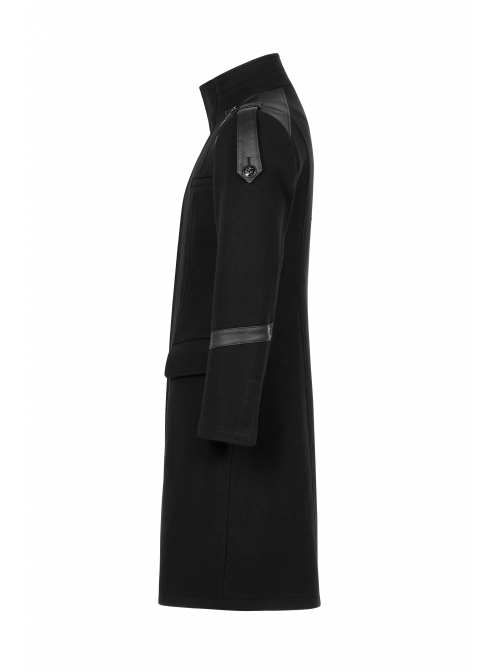 Stand-Up Collar Shoulder Leather Strap Decoration Black Punk Woolen Jacket