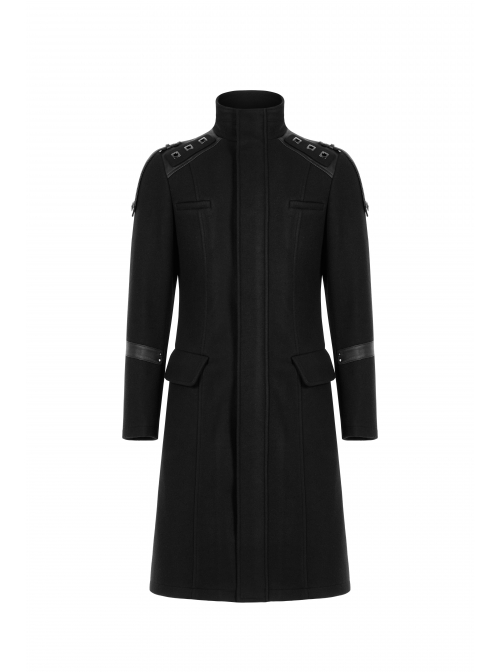 Stand-Up Collar Shoulder Leather Strap Decoration Black Punk Woolen Jacket
