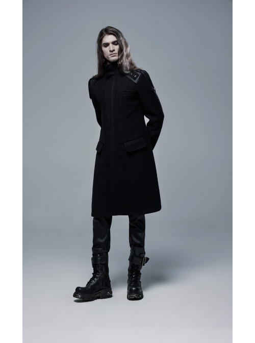 Stand-Up Collar Shoulder Leather Strap Decoration Black Punk Woolen Jacket